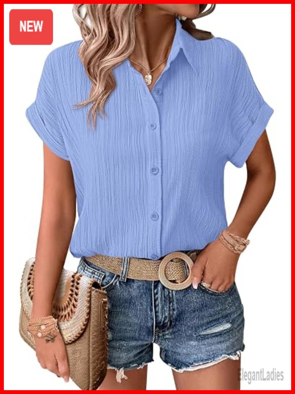 Button Down Shirt Short Sleeve Textured Collared Blouse Work Top